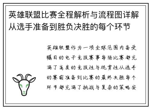 英雄联盟比赛全程解析与流程图详解从选手准备到胜负决胜的每个环节