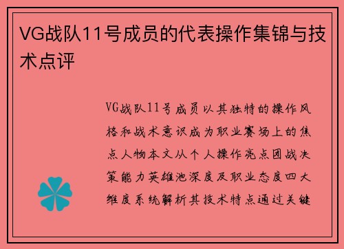 VG战队11号成员的代表操作集锦与技术点评