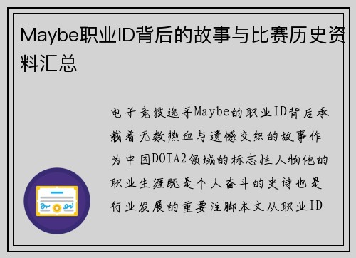 Maybe职业ID背后的故事与比赛历史资料汇总
